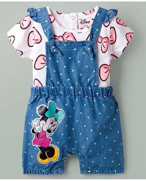 Babyhug Disney Cotton Knit Half Sleeves T-Shirt & Dungaree Set with Minnie Mouse Graphic - Multicolor