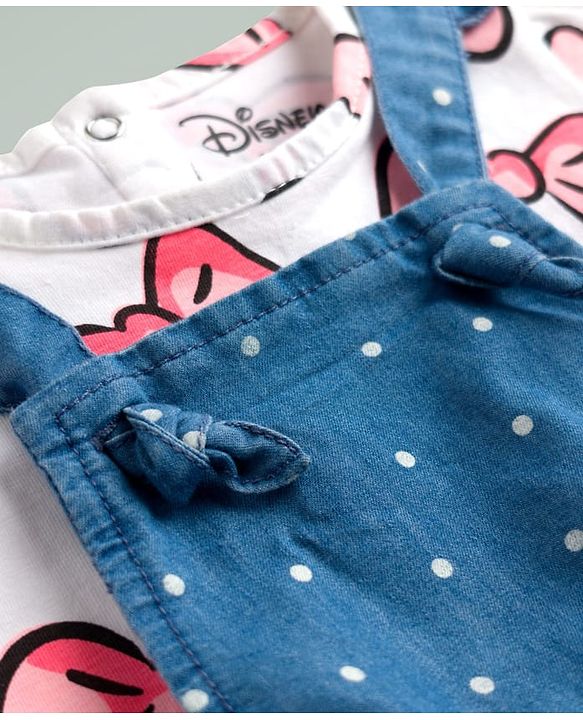 Babyhug Disney Cotton Knit Half Sleeves T-Shirt & Dungaree Set with Minnie Mouse Graphic - Multicolor