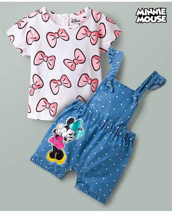 Babyhug Disney Cotton Knit Half Sleeves T-Shirt & Dungaree Set with Minnie Mouse Graphic - Multicolor