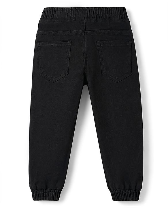 Babyhug Full Length Washed Denim Jogger With Tiger Print & Stretch - Black