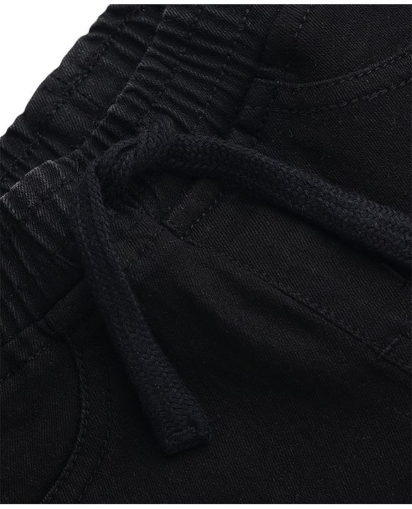 Babyhug Full Length Washed Denim Jogger With Tiger Print & Stretch - Black