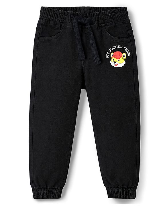 Babyhug Full Length Washed Denim Jogger With Tiger Print & Stretch - Black