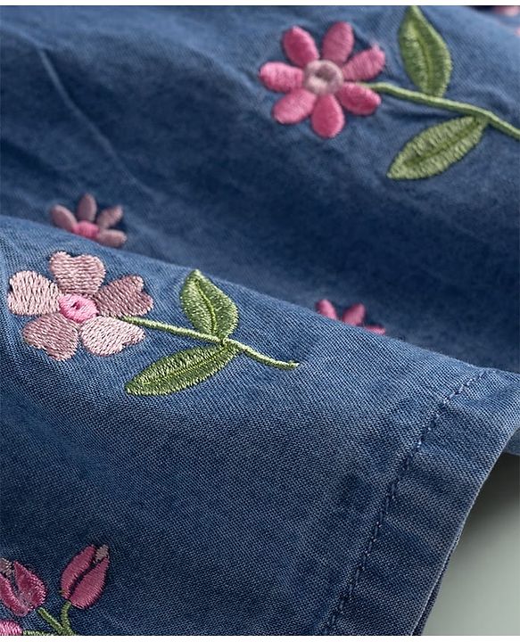 Babyhug Denim 100% Cotton Woven Half Sleeves Floral Embroidered Frock With Inner Tee - Blue