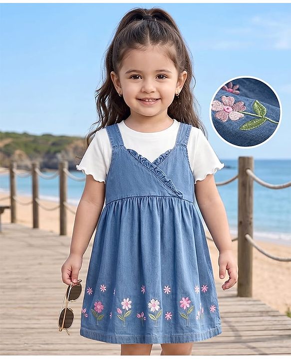 Babyhug Denim 100% Cotton Woven Half Sleeves Floral Embroidered Frock With Inner Tee - Blue