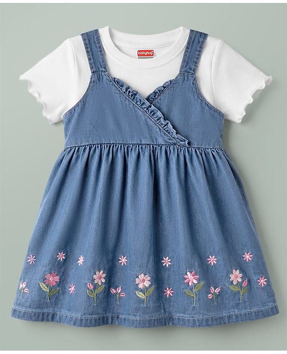 Babyhug Denim 100% Cotton Woven Half Sleeves Floral Embroidered Frock With Inner Tee - Blue