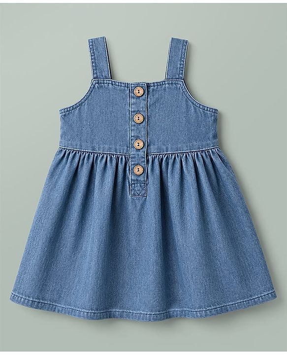 Babyhug Denim 100% Cotton Woven Half Sleeves Floral Embroidered Frock With Inner Tee - Blue