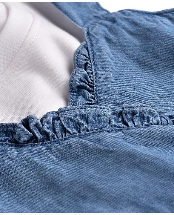 Babyhug Denim 100% Cotton Woven Half Sleeves Floral Embroidered Frock With Inner Tee - Blue