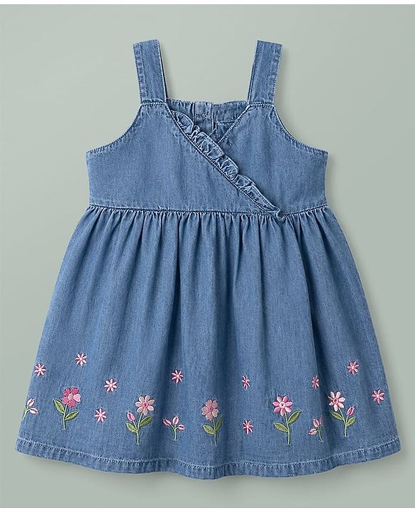 Babyhug Denim 100% Cotton Woven Half Sleeves Floral Embroidered Frock With Inner Tee - Blue