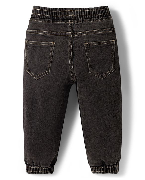 Babyhug Denim Washed Full Length Jeans With Stretch & Lion Print - Charcoal Grey