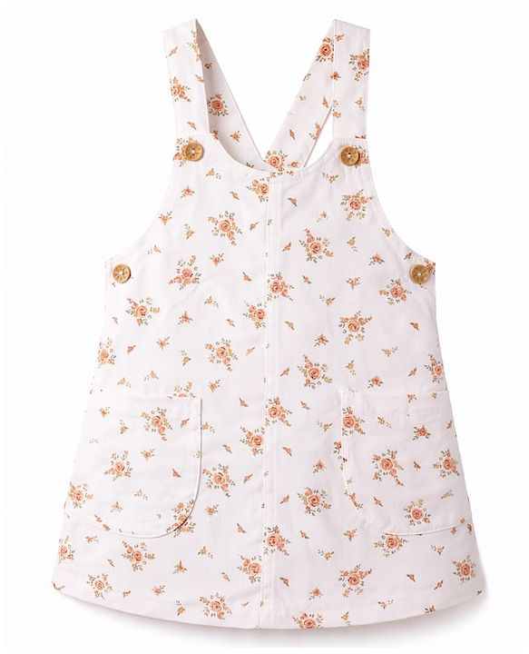 Babyhug Twill Woven Sleeveless Straight Cut Pinafore Frock & Half Sleeves T-Shirt With Floral Print - White