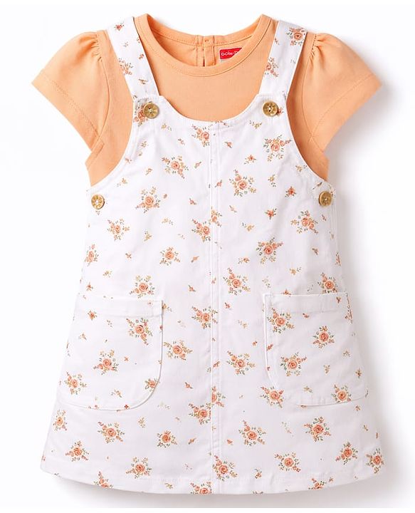 Babyhug Twill Woven Sleeveless Straight Cut Pinafore Frock & Half Sleeves T-Shirt With Floral Print - White