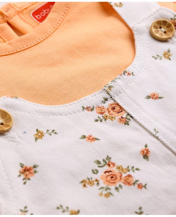 Babyhug Twill Woven Sleeveless Straight Cut Pinafore Frock & Half Sleeves T-Shirt With Floral Print - White