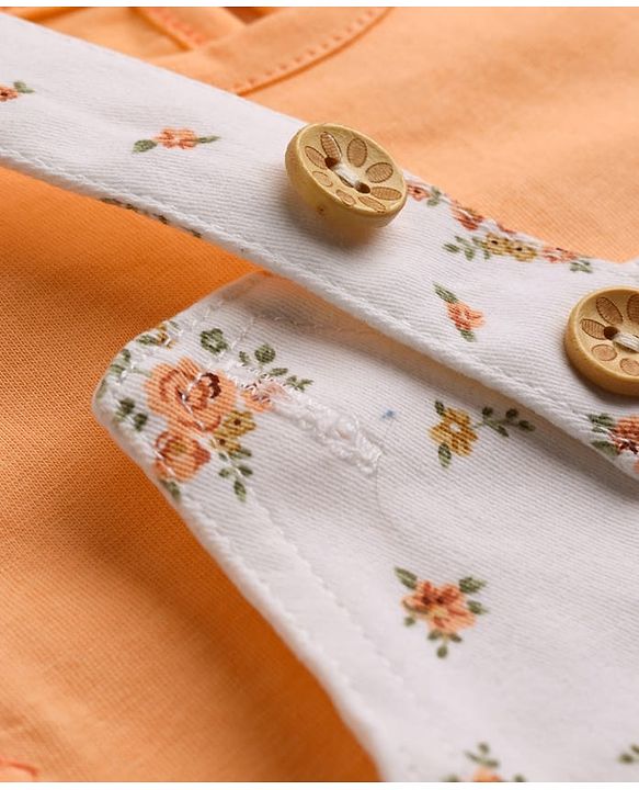 Babyhug Twill Woven Sleeveless Straight Cut Pinafore Frock & Half Sleeves T-Shirt With Floral Print - White