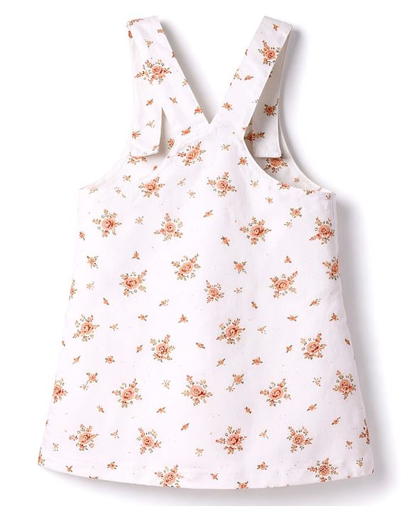 Babyhug Twill Woven Sleeveless Straight Cut Pinafore Frock & Half Sleeves T-Shirt With Floral Print - White