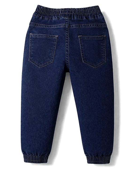 Babyhug Full Length Washed Denim Jeans with Tiger Print & Stretch - Navy Blue