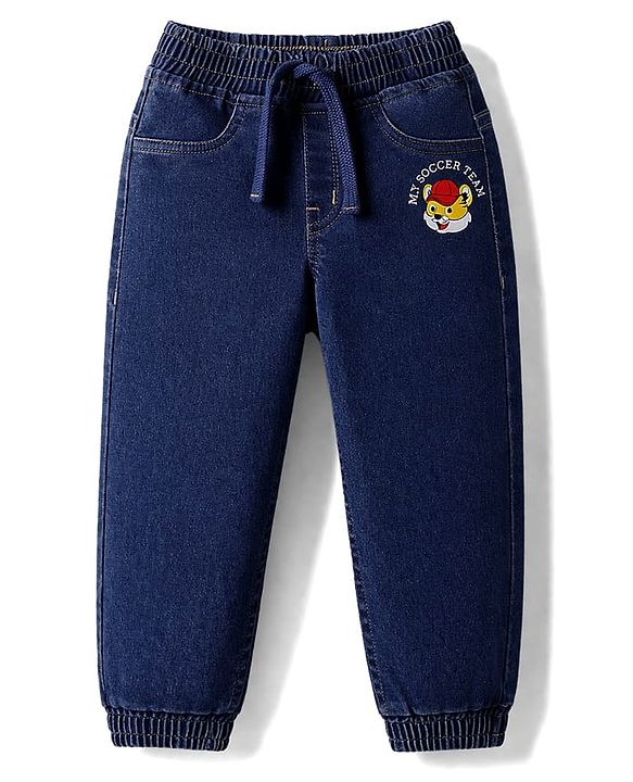 Babyhug Full Length Washed Denim Jeans with Tiger Print & Stretch - Navy Blue