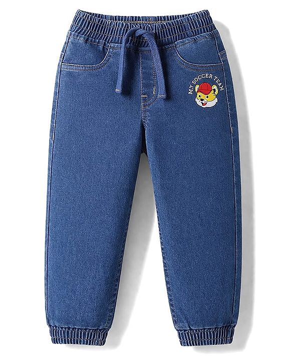 Babyhug Full Length Washed Denim Jeans with Tiger Print & Stretch - Navy Blue