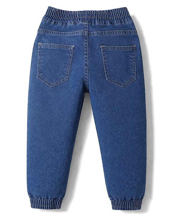Babyhug Full Length Washed Denim Jeans with Tiger Print & Stretch - Navy Blue