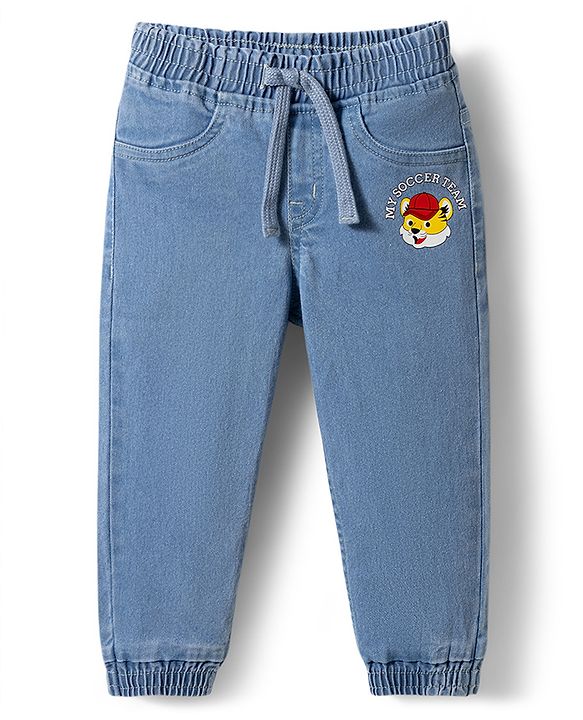Babyhug Full Length Washed Denim Jeans with Tiger Print & Stretch - Navy Blue