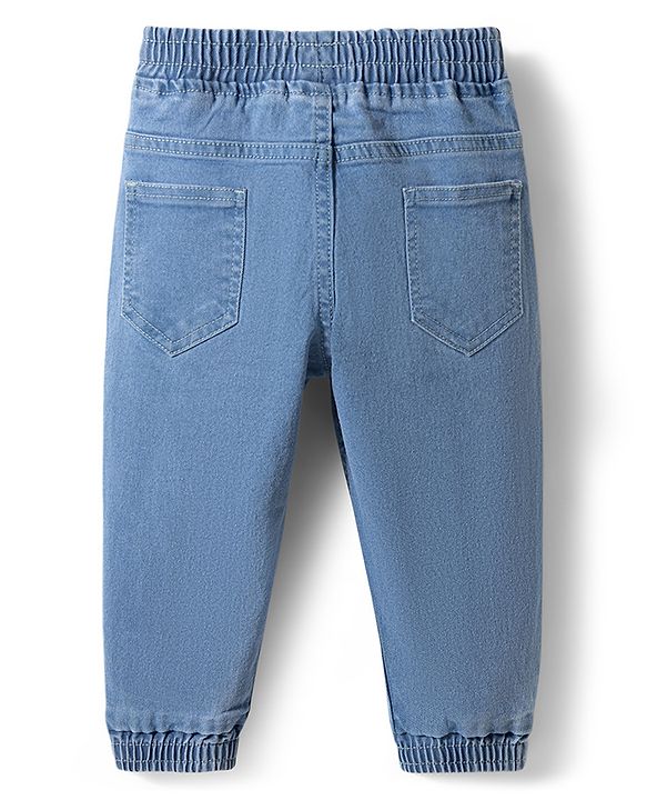 Babyhug Full Length Washed Denim Jeans with Tiger Print & Stretch - Navy Blue