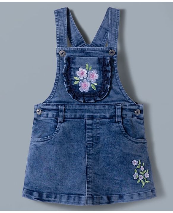 Babyhug Denim Woven Frock with Striped Inner Tee & Floral Embroidered - Blue
