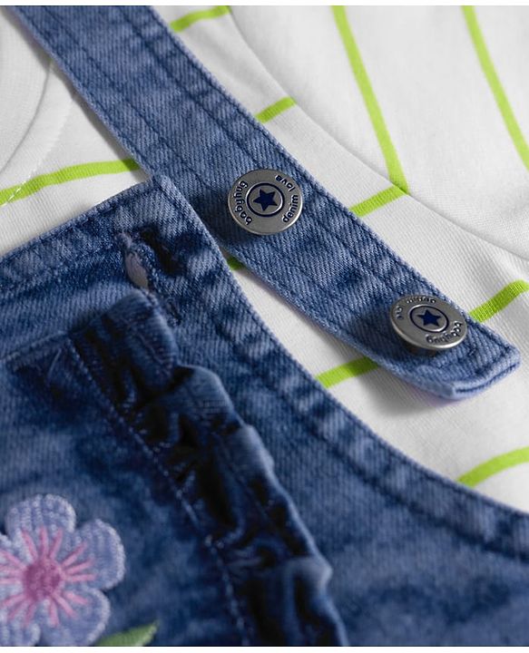 Babyhug Denim Woven Frock with Striped Inner Tee & Floral Embroidered - Blue