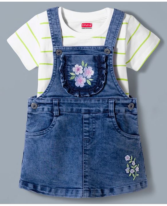 Babyhug Denim Woven Frock with Striped Inner Tee & Floral Embroidered - Blue