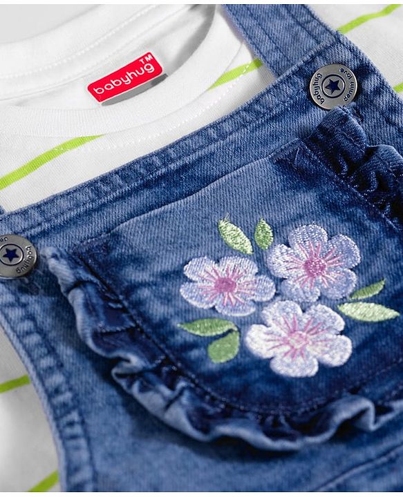 Babyhug Denim Woven Frock with Striped Inner Tee & Floral Embroidered - Blue