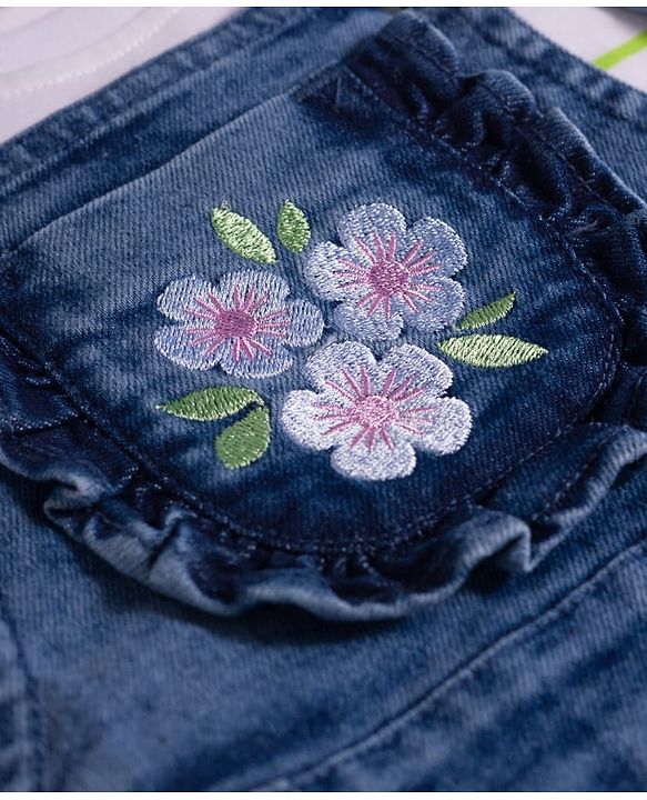 Babyhug Denim Woven Frock with Striped Inner Tee & Floral Embroidered - Blue