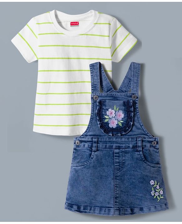 Babyhug Denim Woven Frock with Striped Inner Tee & Floral Embroidered - Blue