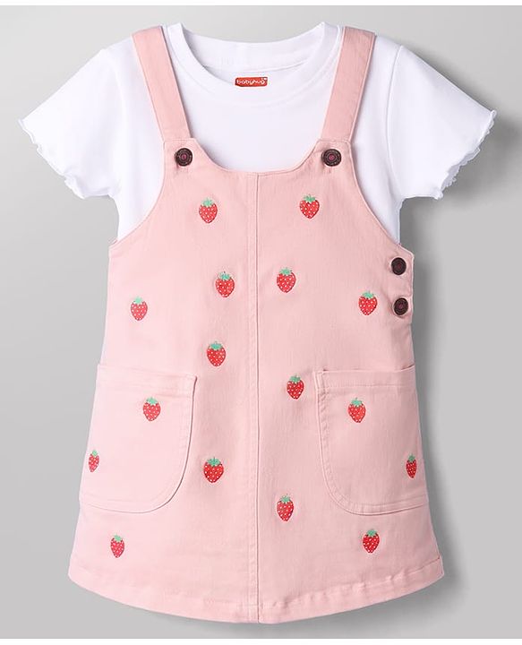 Babyhug Twill Woven Frocks with Inner Tee Strawberry Embroidered Pink 12-18 Months