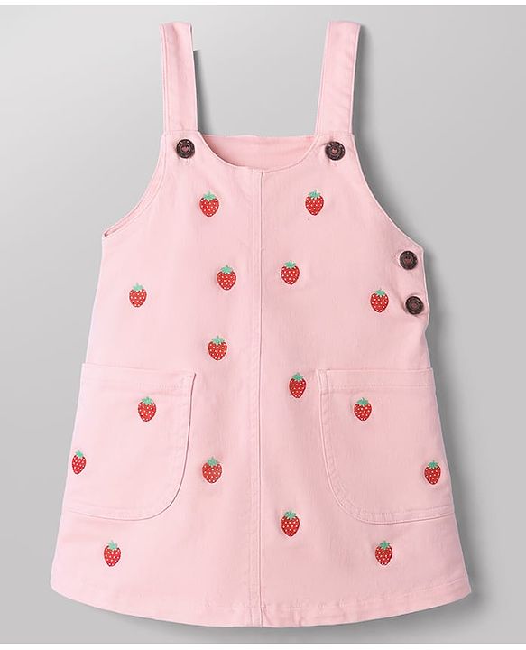Babyhug Twill Woven Frocks with Inner Tee Strawberry Embroidered Pink 12-18 Months