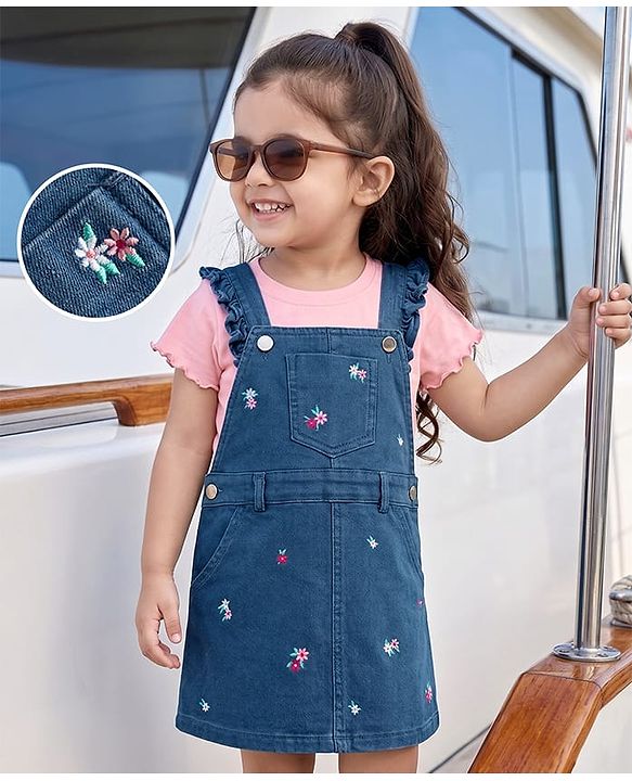 Babyhug Denim Woven Half Sleeves Floral Embroidered Frock With Inner Tee - Navy Blue & Pink
