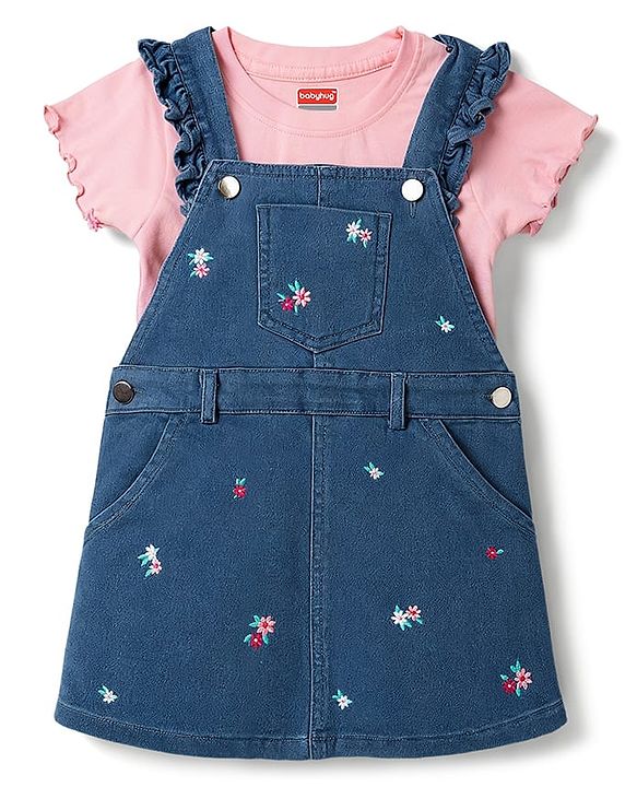 Babyhug Denim Woven Half Sleeves Floral Embroidered Frock With Inner Tee - Navy Blue & Pink