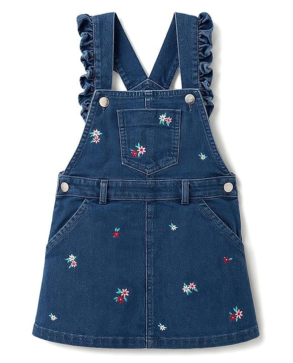 Babyhug Denim Woven Half Sleeves Floral Embroidered Frock With Inner Tee - Navy Blue & Pink