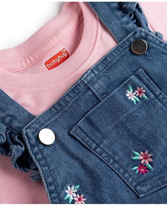Babyhug Denim Woven Half Sleeves Floral Embroidered Frock With Inner Tee - Navy Blue & Pink