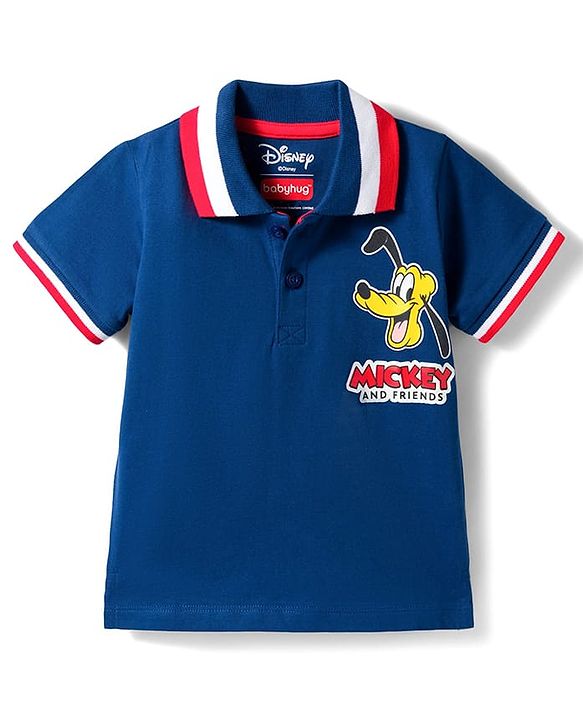 Babyhug Disney Single Jersey Knit Half Sleeves Polo T-Shirt With Mickey Mouse Graphics - Blue