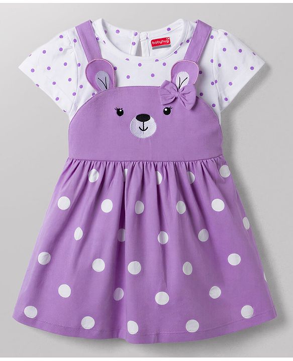Babyhug Cotton Knit Frocks with Inner Tee Polka Dot Lavender 3-6 Months