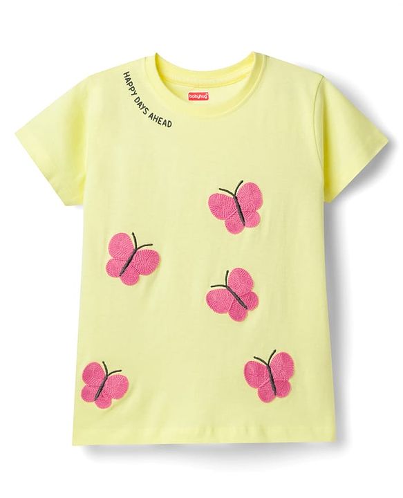 Babyhug Cotton Knit Half Sleeves T-Shirt with Butterfly Print - Lemon