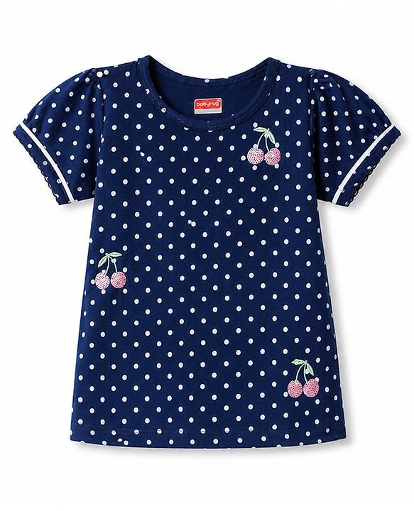 Babyhug Cotton Knit Half Sleeves T-Shirt With Polka Dots Print & Cherry Sequin Detailing - Navy Blue
