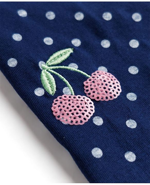 Babyhug Cotton Knit Half Sleeves T-Shirt With Polka Dots Print & Cherry Sequin Detailing - Navy Blue