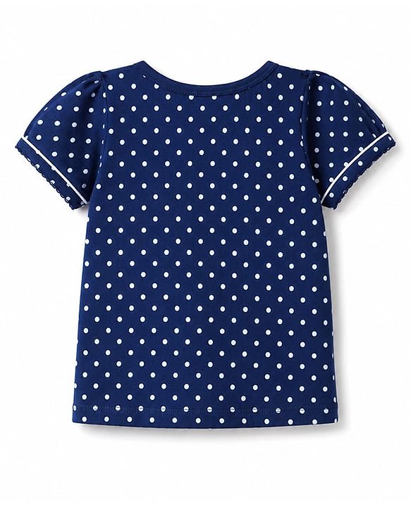 Babyhug Cotton Knit Half Sleeves T-Shirt With Polka Dots Print & Cherry Sequin Detailing - Navy Blue