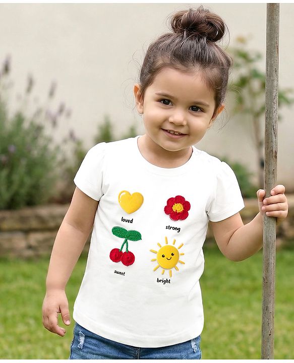 Babyhug Cotton Knit Cotton Knit Half Sleeves T-Shirt with Tropical Theme Print & Crochet - White