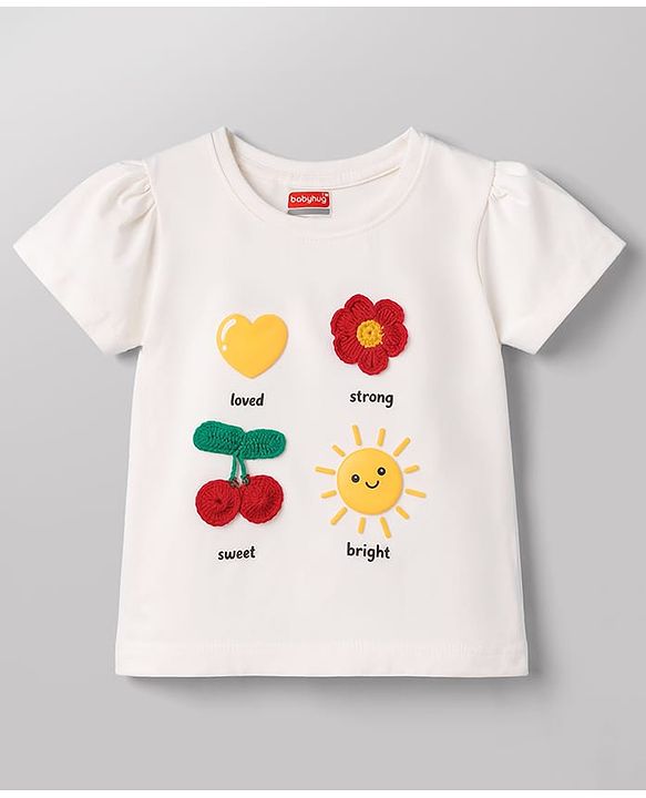 Babyhug Cotton Knit Cotton Knit Half Sleeves T-Shirt with Tropical Theme Print & Crochet - White