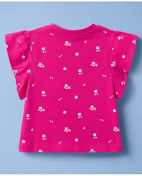 Babyhug Knit Half Sleeves Floral Printed T-Shirt With Bunny Applique - Dark Pink