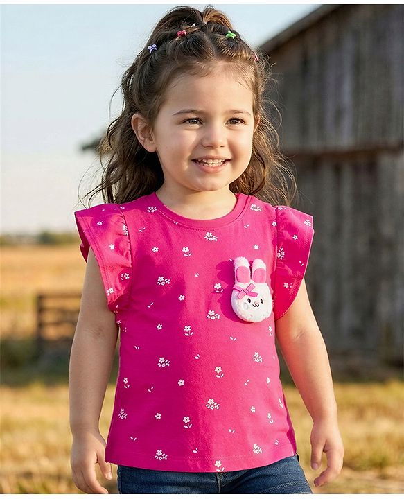 Babyhug Knit Half Sleeves Floral Printed T-Shirt With Bunny Applique - Dark Pink