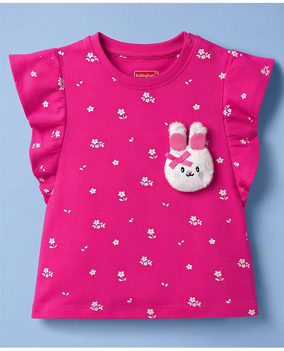 Babyhug Knit Half Sleeves Floral Printed T-Shirt With Bunny Applique - Dark Pink