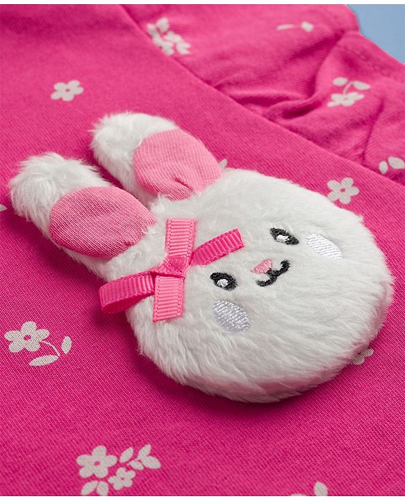 Babyhug Knit Half Sleeves Floral Printed T-Shirt With Bunny Applique - Dark Pink