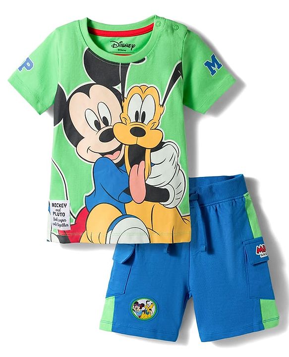 Babyhug Disney Single Jersey Knit Half Sleeves T-Shirt & Shorts Set with Mickey Mouse Graphic - Multicolor