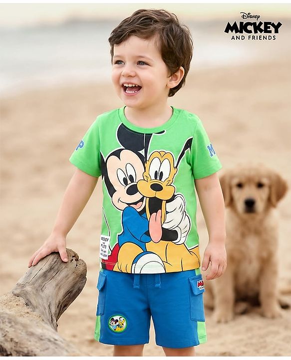 Babyhug Disney Single Jersey Knit Half Sleeves T-Shirt & Shorts Set with Mickey Mouse Graphic - Multicolor